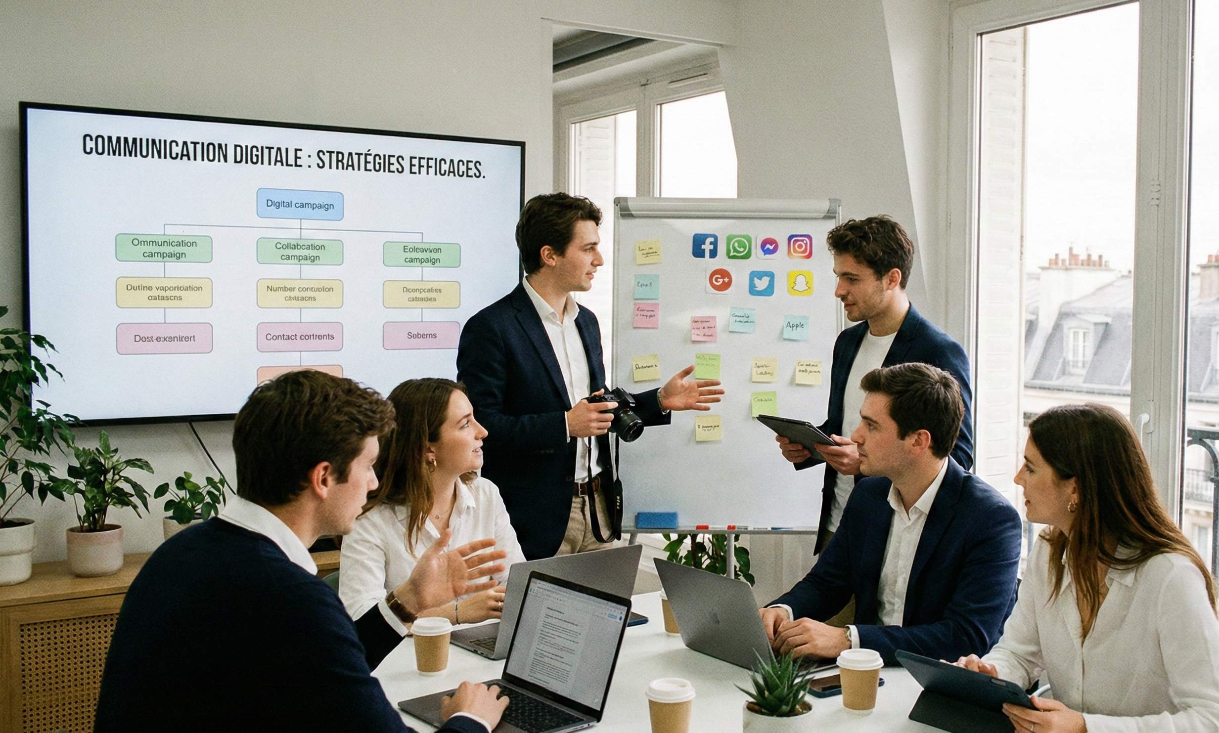 Étudiants en école de commerce en salle de cours de communication digitale